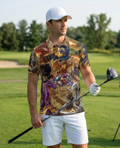 Dragon Treasure 3D Polo Shirt for Men, Fantasy Gold Hoard Art Style | Azhawaiian