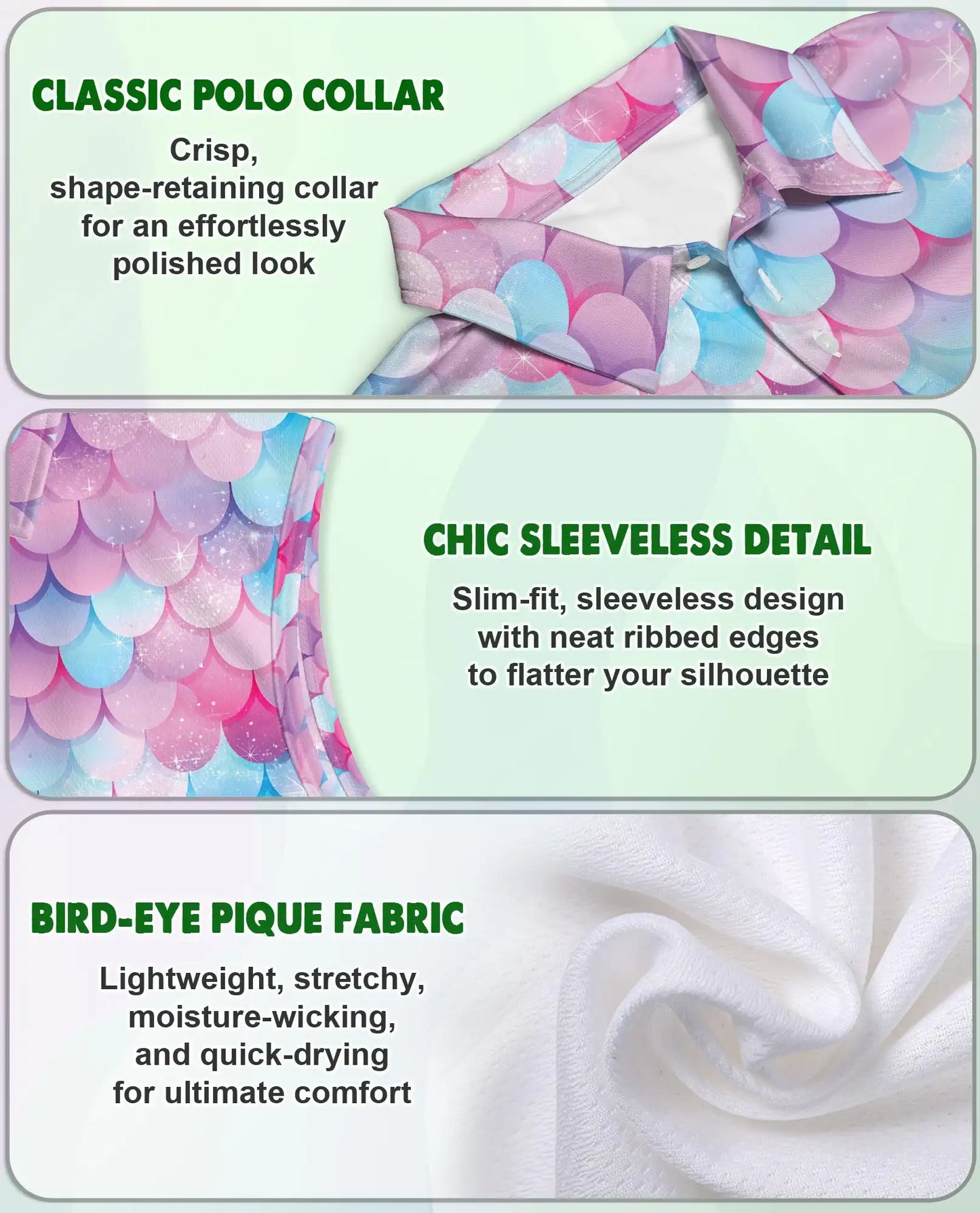 Mermaid Scales Pattern Sleeveless Polo Shirt for Women | Azhawaiian