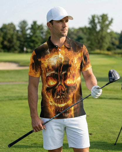 Flaming Skull 3D Polo Shirt for Men, Dark Gothic Fire Style | Azhawaiian