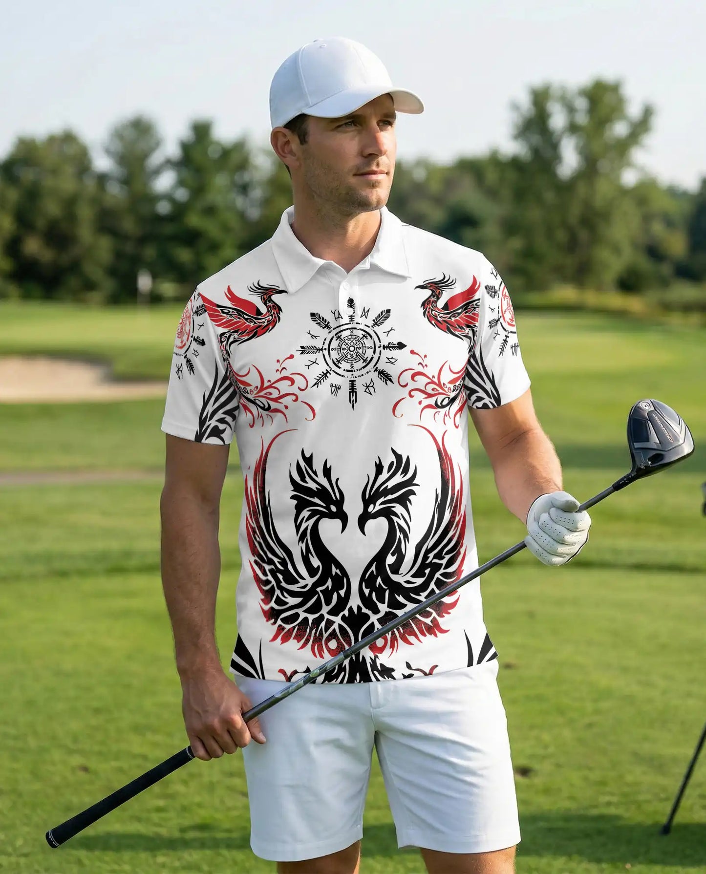 Phoenix Tribal 3D Polo Shirt for Men, Nordic Raven Symbol Style | Azhawaiian