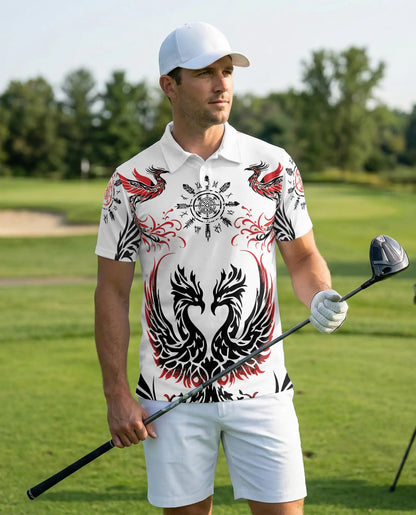 Phoenix Tribal 3D Polo Shirt for Men, Nordic Raven Symbol Style | Azhawaiian