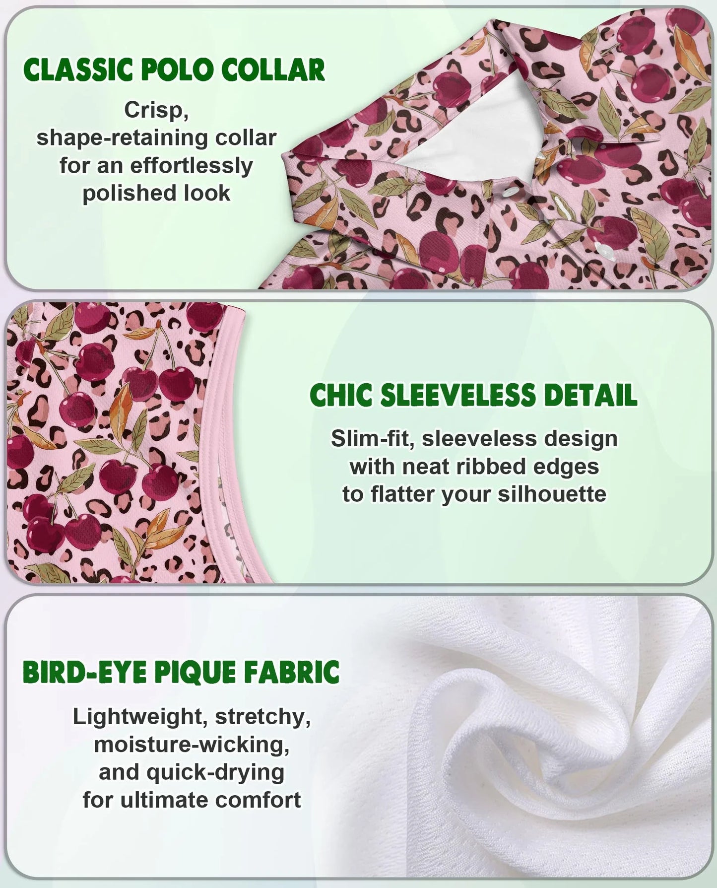 Pink Leopard Cherry Sleeveless Polo Shirt for Women, Cute Wild Fruit Style | Azhawaiian