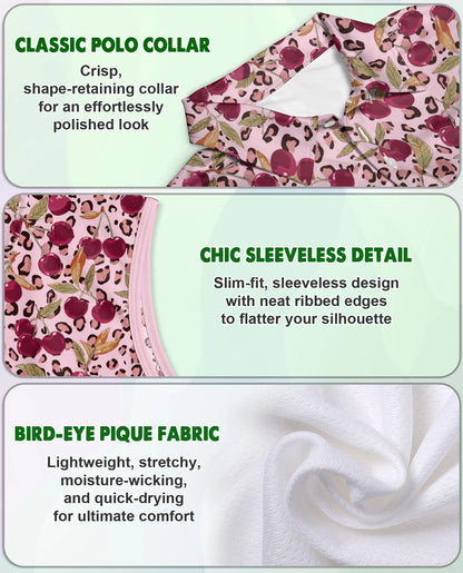 Pink Leopard Cherry Sleeveless Polo Shirt for Women, Cute Wild Fruit Style | Azhawaiian
