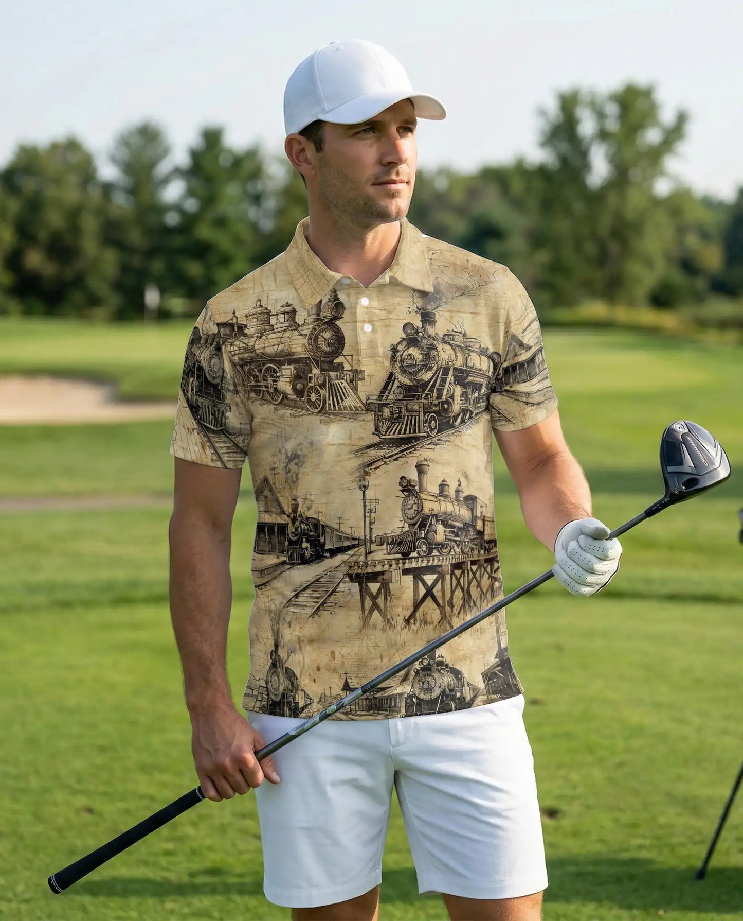 Vintage Steam Train Polo Shirt, Classic Railroad Blueprint Art | Azhawaiian