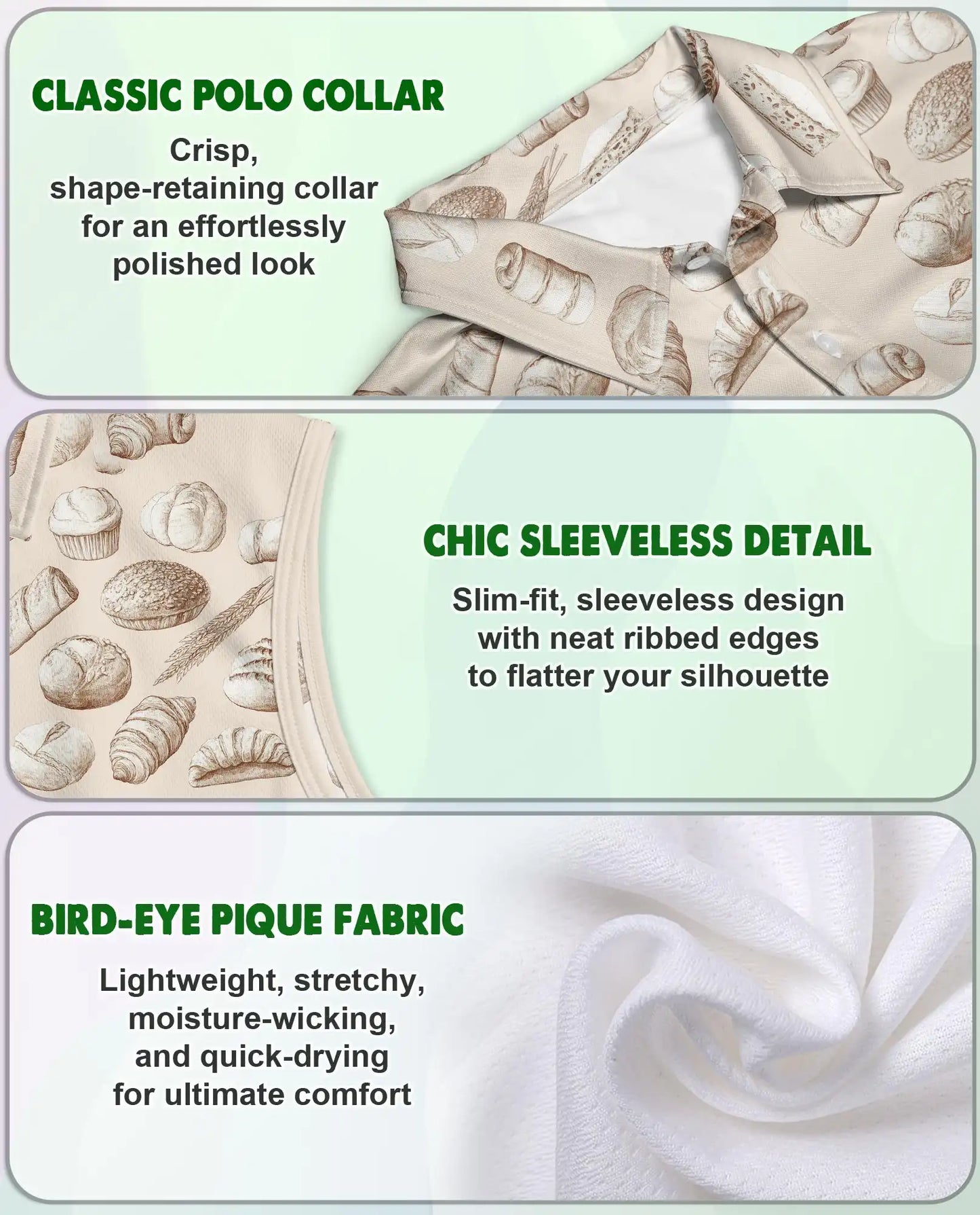 Pastry Pattern Sleeveless Polo Shirt for Women, Cute Bakery Food Style