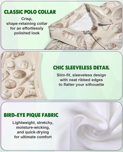 Pastry Pattern Sleeveless Polo Shirt for Women, Cute Bakery Food Style