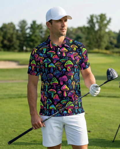 Neon Mushroom Pattern Hawaiian Polo Shirt | Azhawaiian