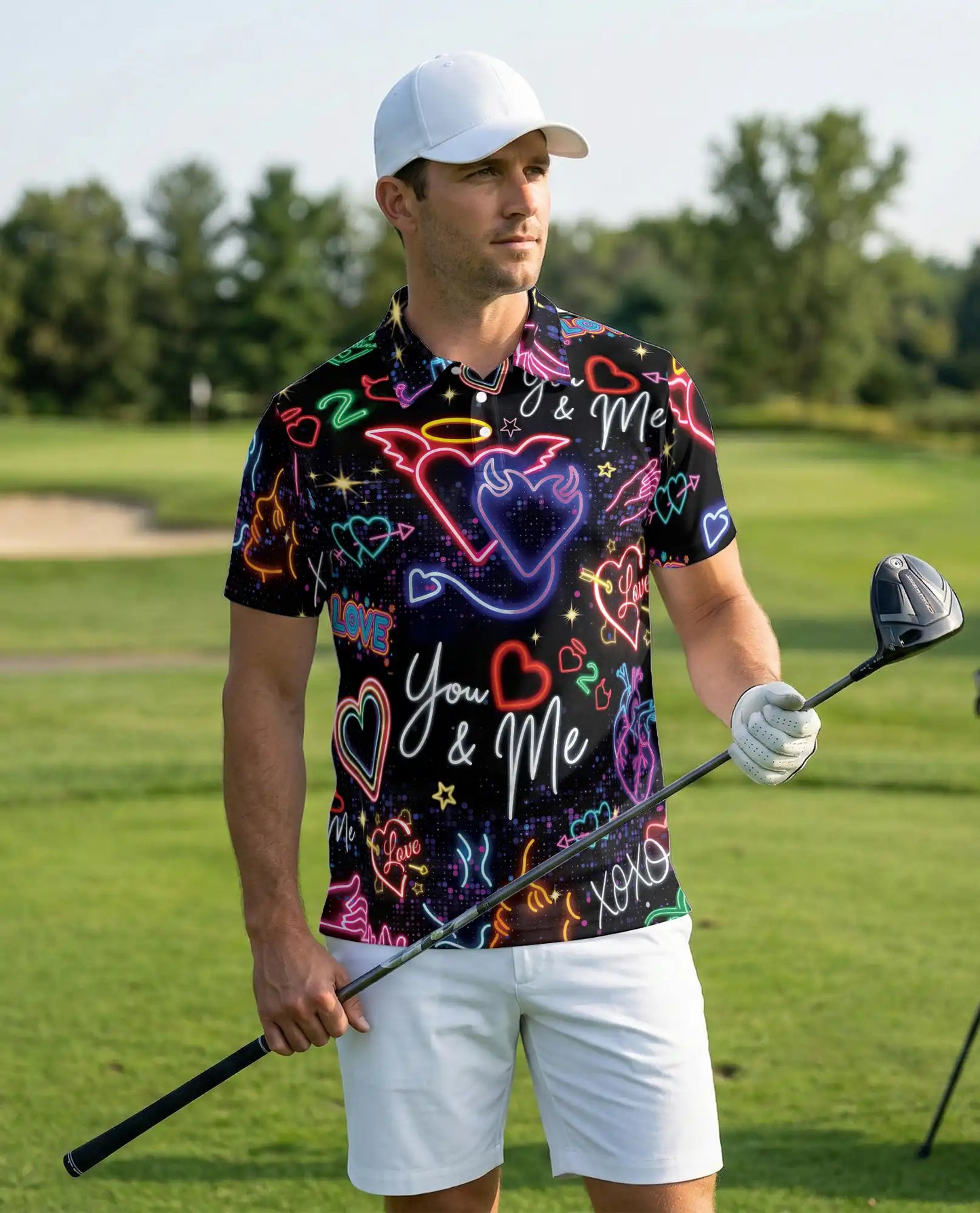 Neon Valentine Polo Shirt, Retro Love Heart Glow Print | Azhawaiian