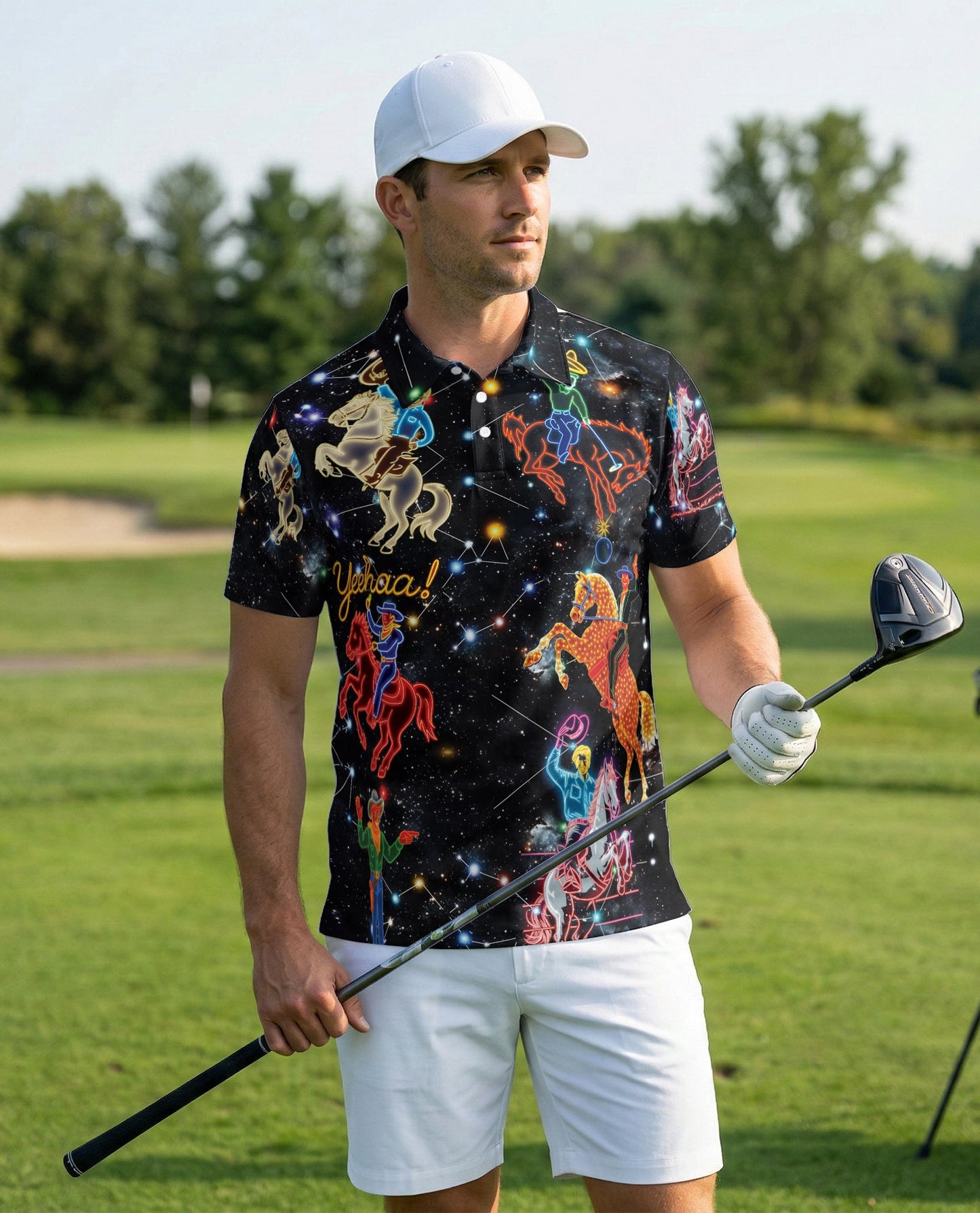 Cosmic Cowboy Polo Shirt, Neon Rodeo Galaxy Print | Azhawaiian