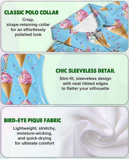 Ice Cream Pattern Sleeveless Polo Shirt for Women | Azhawaiian