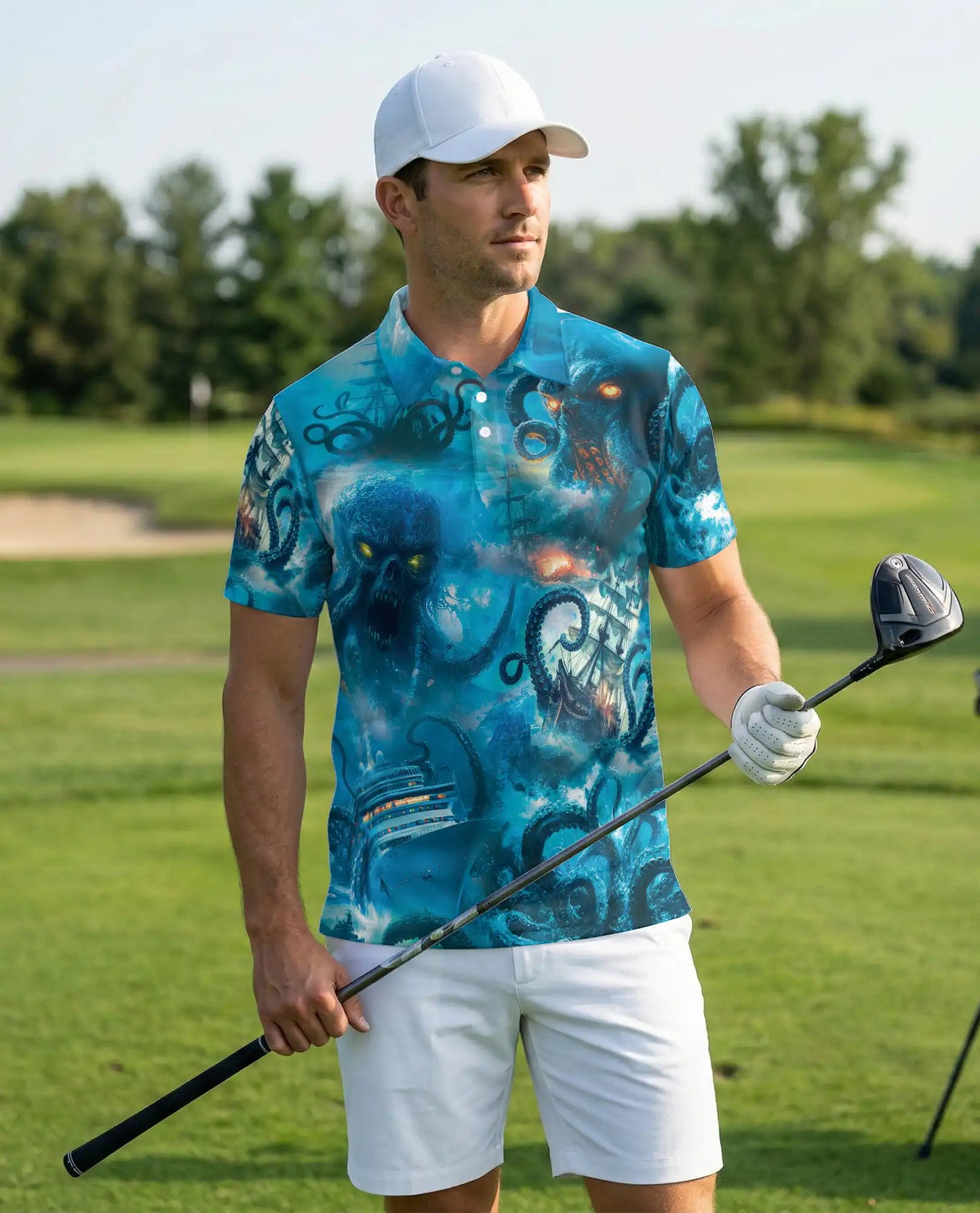 Kraken Ocean Polo Shirt, Sea Monster Horror Print | Azhawaiian
