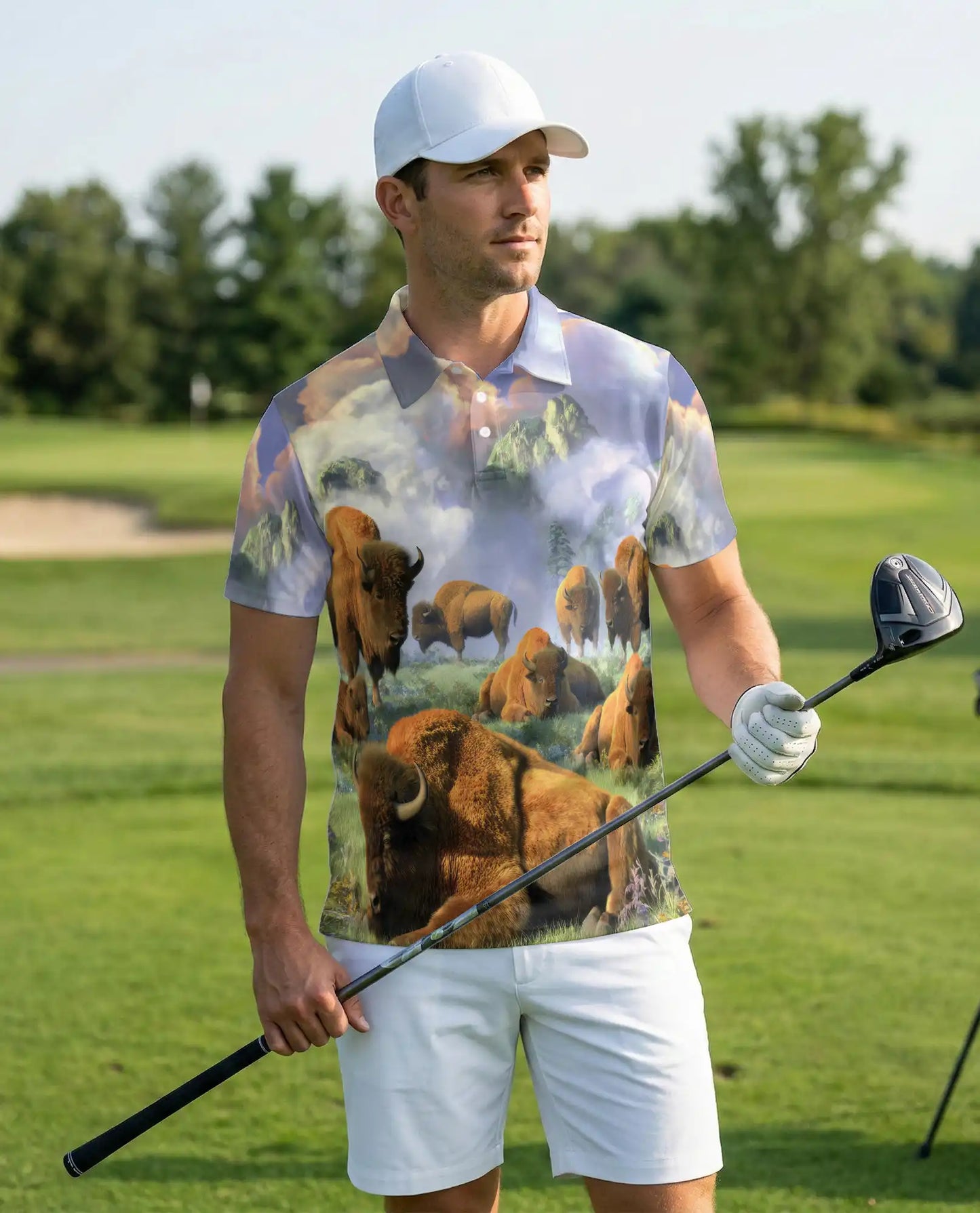 Mystical Bison Polo Shirt for Men, Majestic Wildlife Landscape | Azhawaiian