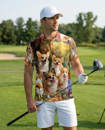 Cute Corgi Garden 3D Polo Shirt for Men, Fantasy Dog Nature Style | Azhawaiian