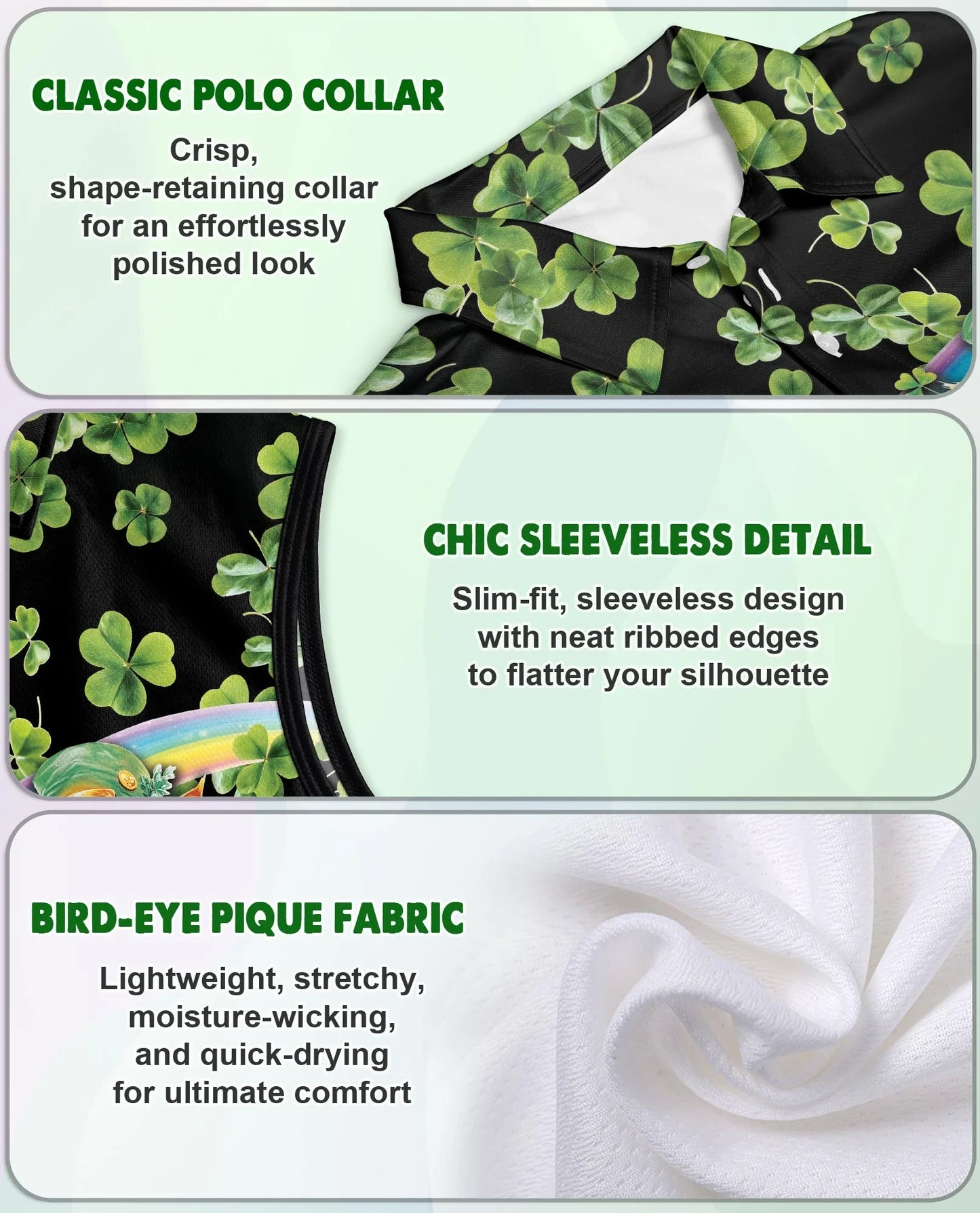 Saint Patrick's Day Cats Shamrocks Sleeveless Polo Shirt for Women | Azhawaiian