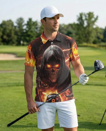 Dark Grim Reaper Skull 3D Polo Shirt for Men, Fiery Gothic Horror Style | Azhawaiian