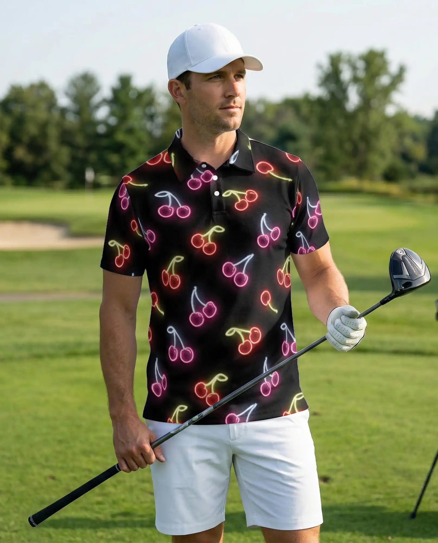 Neon Cherry Polo Shirt for Men- Retro Fruit Glow Aesthetic Shirt | Azhawaiian