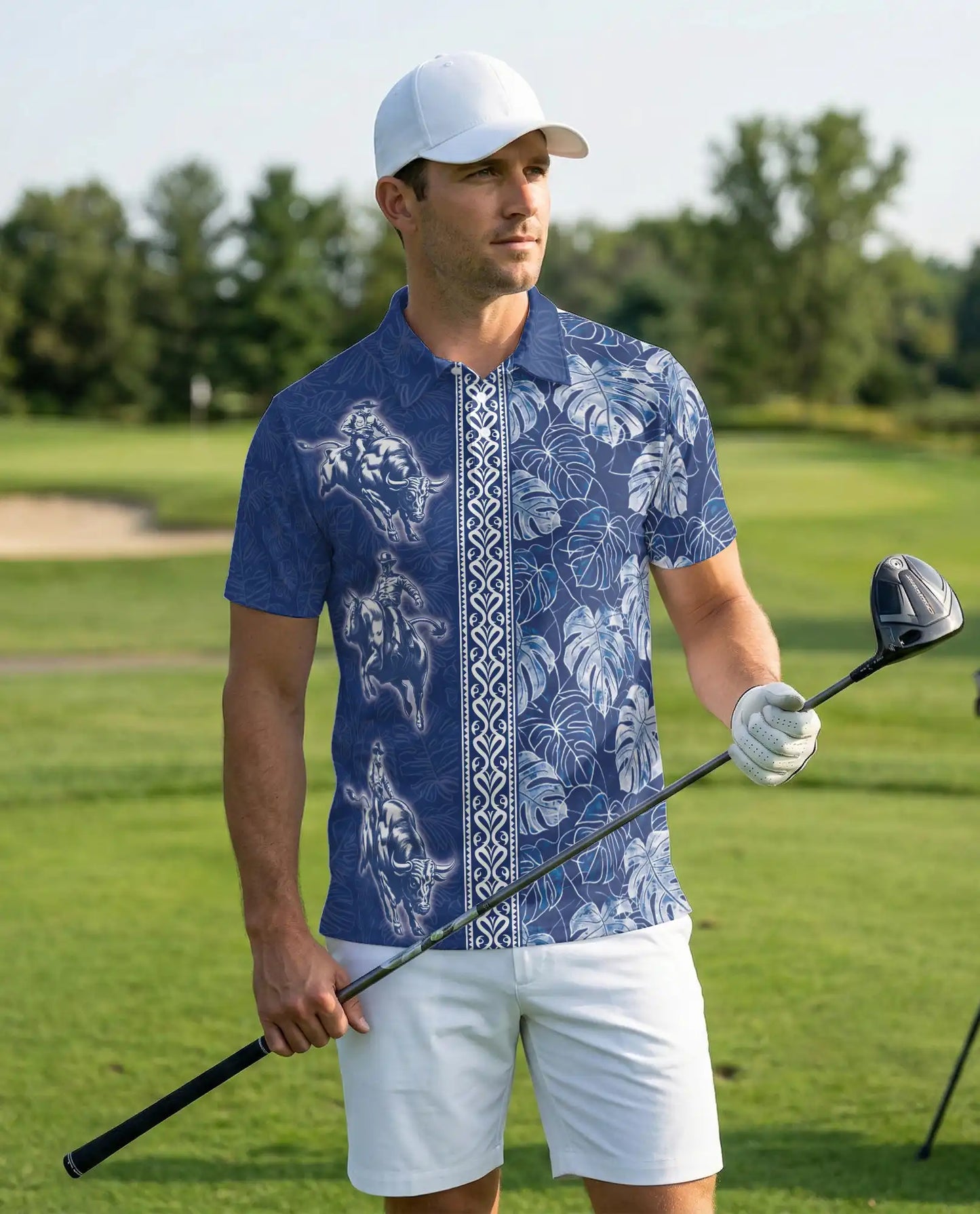 Blue Rodeo Cowboy Hawaiian Polo Shirt | Western Bull Rider Shirt | Azhawaiian