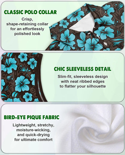 Cyan Hibiscus Print Sleeveless Polo Shirt for Women | Azhawaiian