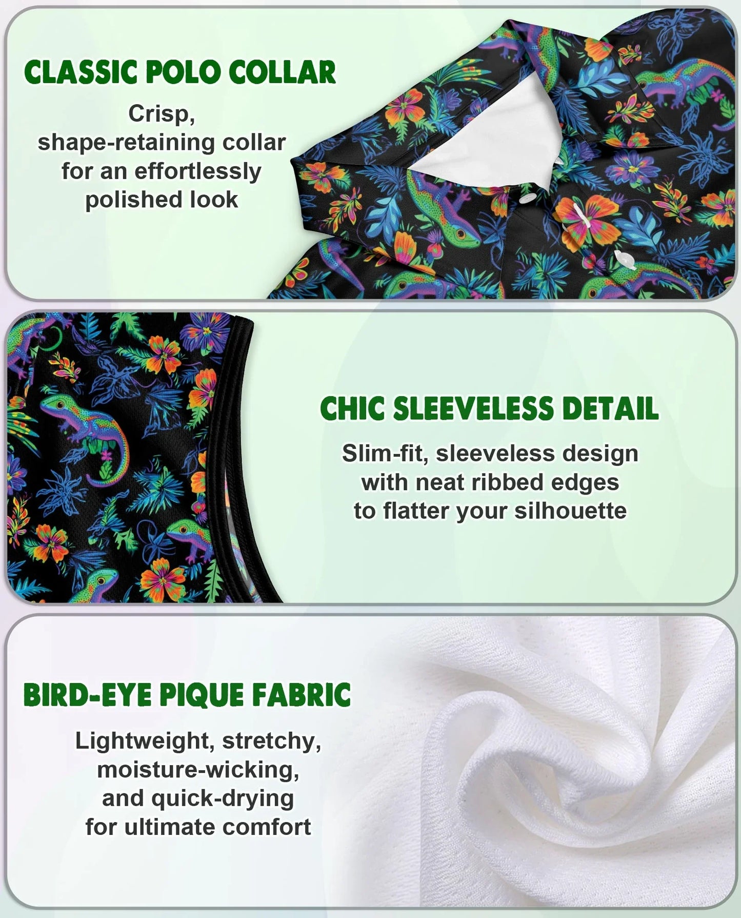 Colorful Gecko Pattern Sleeveless Polo Shirt for Women | Azhawaiian