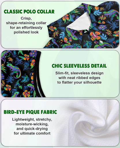Colorful Gecko Pattern Sleeveless Polo Shirt for Women | Azhawaiian