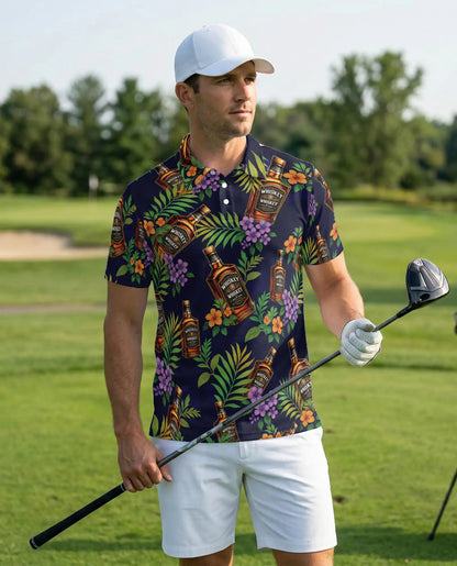 Whiskey Tropical Hawaiian Polo Shirt-Bourbon Floral Island Design | Azhawaiian