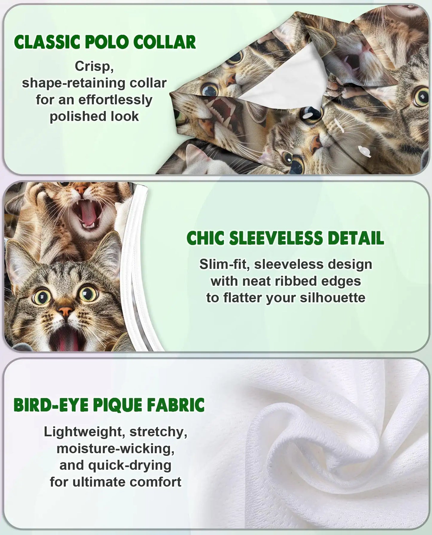 Cat Collage Sleeveless Polo Shirt for Women, Cute Feline Lover Style | Azhawaiian