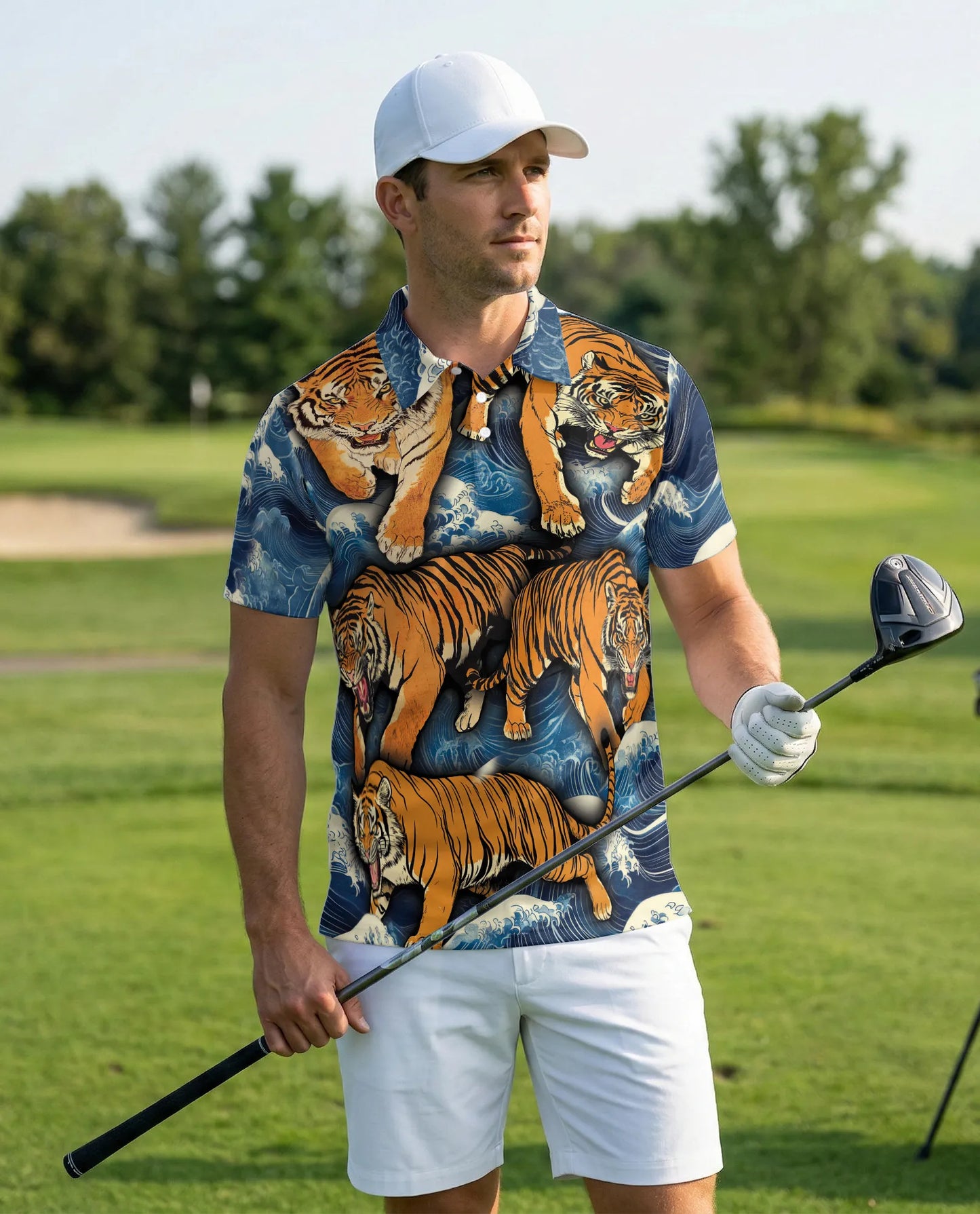 Tiger Wave 3D Polo Shirt for Men, Japanese Ocean Animal Style | Azhawaiian