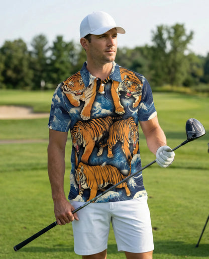Tiger Wave 3D Polo Shirt for Men, Japanese Ocean Animal Style | Azhawaiian