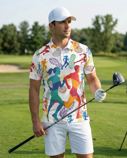 Running Polo Shirt, Colorful Marathon Runner Print | Azhawaiian
