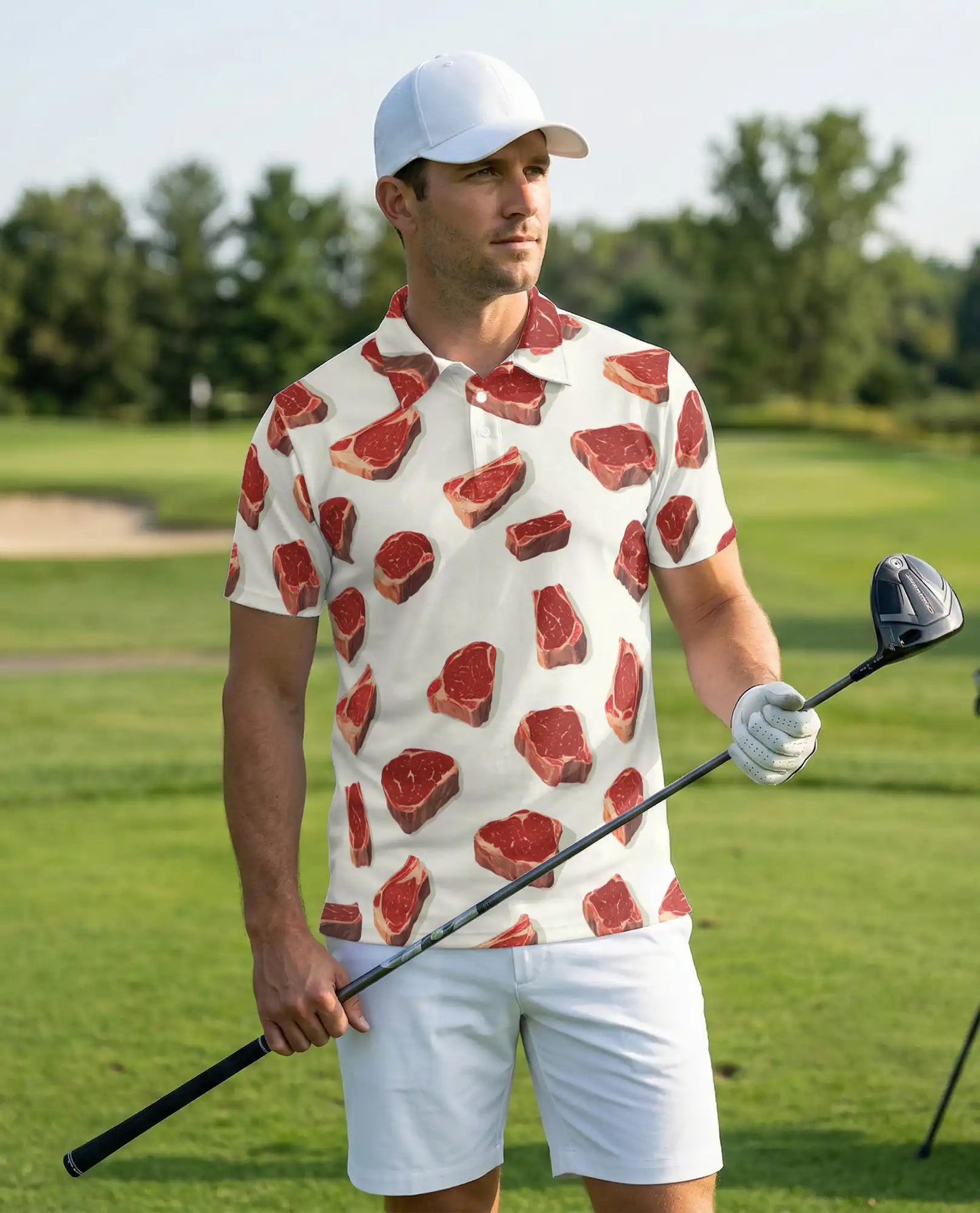 Steak BBQ Polo Shirt, Funny Meat Print | Azhawaiian