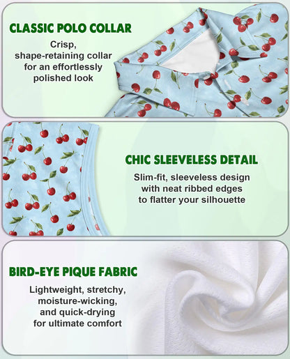Light Blue Cherry Sleeveless Polo Shirt for Women, Sweet Fruit Summer Style | Azhawaiian