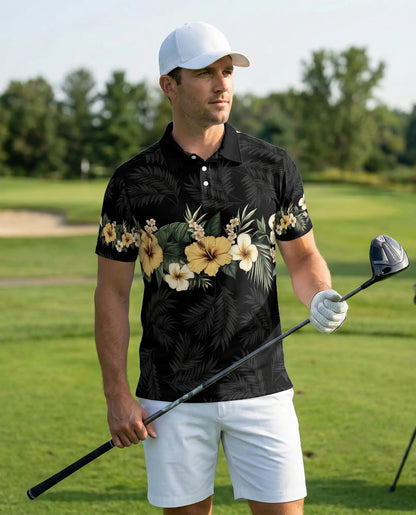 Black Tropical Hibiscus 3D Polo Shirt for Men, Hawaiian Floral Island Style | Azhawaiian