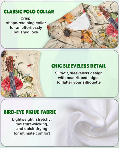 Vintage Flower Ukulele Sleeveless Polo Shirt for Women, Boho Music Style | Azhawaiian
