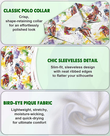 Horse Racing Pattern Sleeveless Polo Shirt for Women, Equestrian Sport Style | Azhawaiian