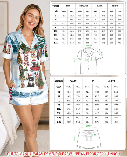 Christmas Cat Pajama Set for Women, Holiday Satin Sleepwear