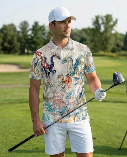 Elegant Fantasy Dragon 3D Polo Shirt for Men, Medieval Mythical Creature Style | Azhawaiian