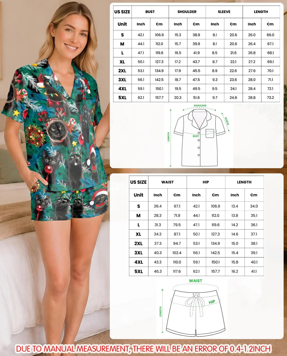 Black Cat Christmas Pajama Set for Women – Santa Hats & Festive Kittens Print