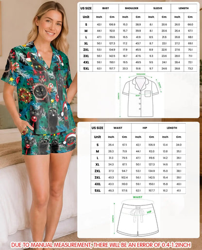Black Cat Christmas Pajama Set for Women – Santa Hats & Festive Kittens Print