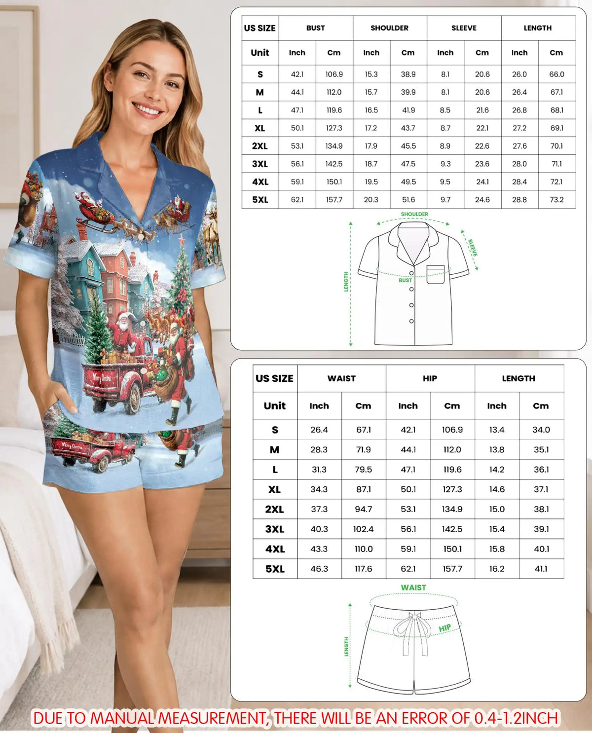 Santa Christmas Pajama Set for Women, Winter Holiday Sleepwear