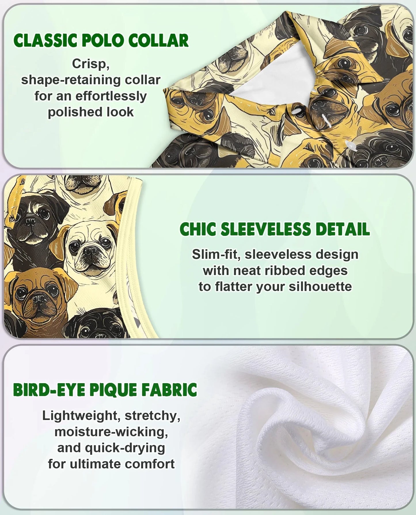 Pug Dog Pattern Sleeveless Polo Shirt for Women