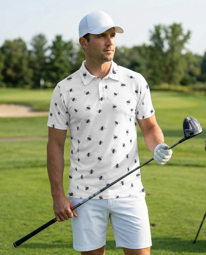 Bee Print Polo Shirt, Minimal Insect Pattern | Azhawaiian