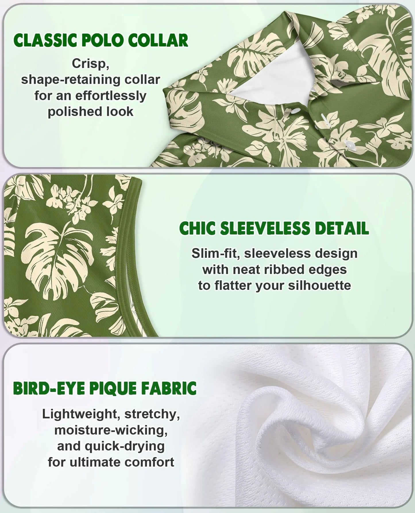 Green Monstera Leaf Sleeveless Polo Shirt for Women, Tropical Botanical Style | Azhawaiian