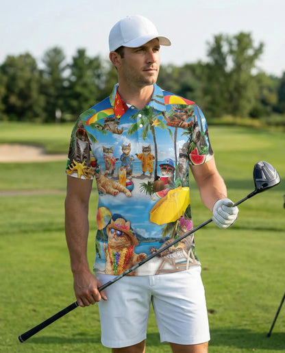 Funny Beach Cats Polo Shirt for Men-Tropical Vacation Summer Shirt | Azhawaiian