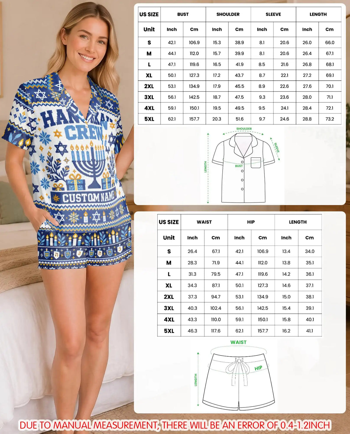 Personalized Hanukkah Crew Pajama Set for Women – Custom Name Navy Blue Menorah Print