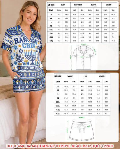 Personalized Hanukkah Crew Pajama Set for Women – Custom Name Navy Blue Menorah Print
