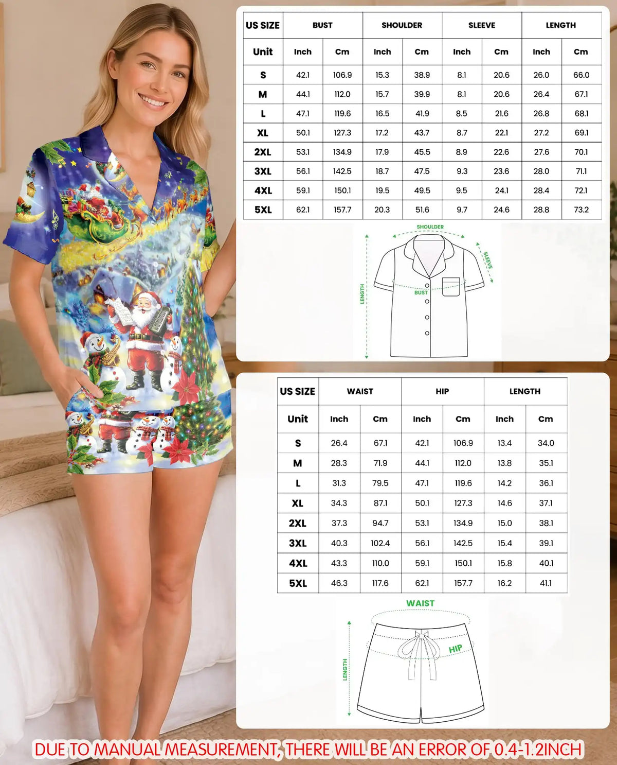Musical Santa Christmas Pajama Set for Women – Snowman & Sleigh Print