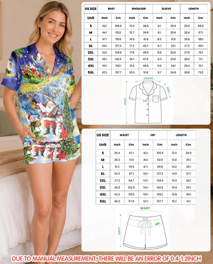 Musical Santa Christmas Pajama Set for Women – Snowman & Sleigh Print