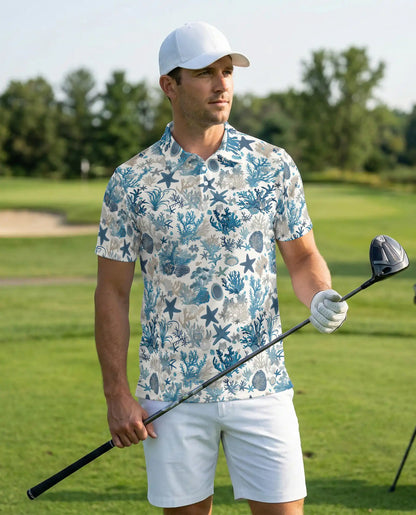 Ocean Coral Polo Shirt, Coastal Sea Life Style | Azhawaiian