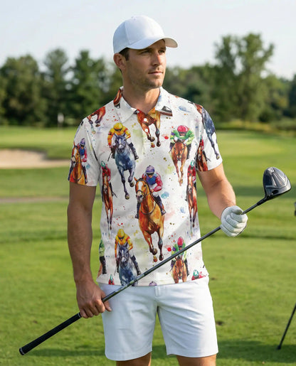 Watercolor Horse Racing 3D Polo Shirt for Men, Jockey Derby Sports Style | Azhawaiian