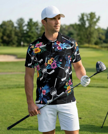 Tropical Hockey Floral 3D Polo Shirt for Men, Hawaiian Sports Fan Style | Azhawaiian